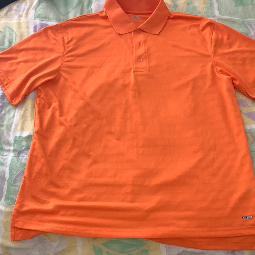 Gold polo, Champion orange (with textured stripes) duo dry, size large